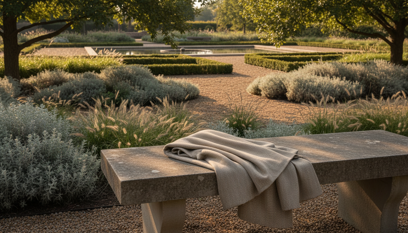 A meticulously folded linen blanket in a gentle, muted beige hue, featuring a soft texture and subtle herringbone pattern, carefully placed on a weathered stone bench overlooking an architecturally designed contemplative garden. Around the bench are sculptural plantings of silver-leafed shrubs and ornamental grasses in restrained, harmonious arrangements. Late afternoon light filters through tree canopies, casting intricate, elegant shadows and gentle light patches across the bench. The mood is one of nurturing solace and sophisticated simplicity. Photographed from a slightly elevated angle with balanced composition, the image evokes the careful curation and mindful space creation central to the site’s philosophy.