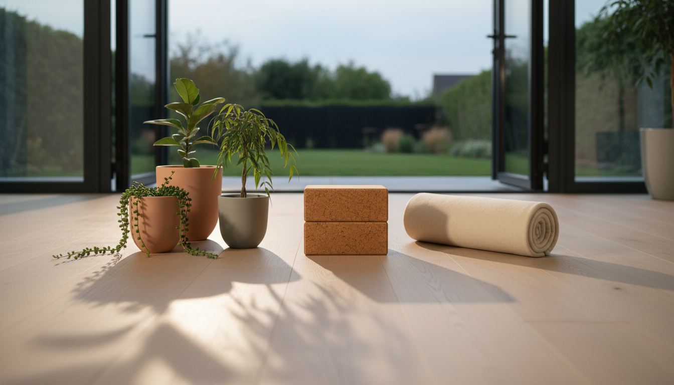 A minimalist selection of natural cork yoga blocks and an unadorned wool meditation cushion arranged in balanced symmetry on a pale, unvarnished oak floor. Nearby, a cluster of smooth, sculpted clay planters with trailing greenery adds organic structure. The room features expansive glass doors opening to a soft-focus landscaped garden, diffused twilight gently illuminating the setting and creating subtle, elongated shadows. The atmosphere is quietly inviting and contemplative, with a refined minimalist energy. The centered, eye-level composition with sharp focus invites viewers into a space of intentional support and natural comfort, embodying the sophisticated and nurturing essence of yoga therapy.